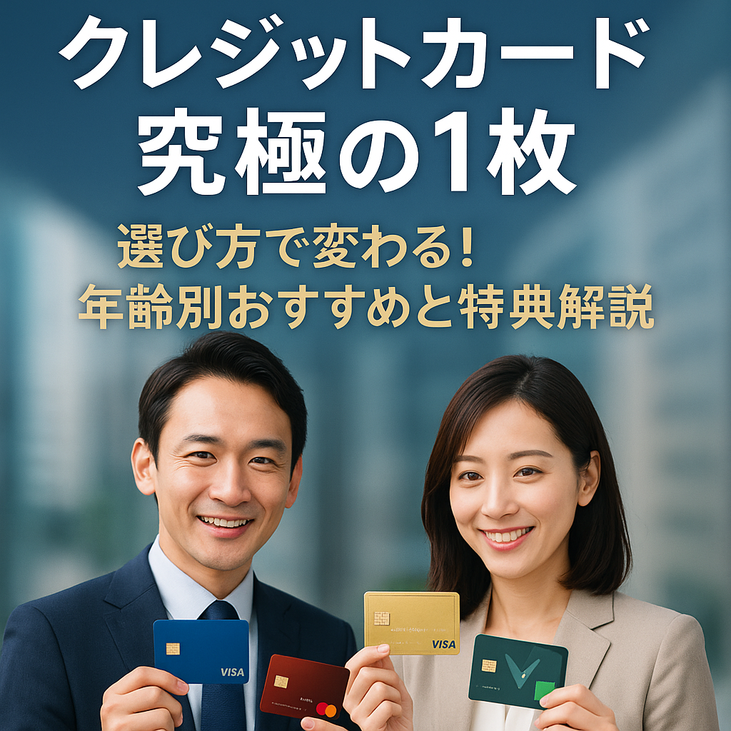クレジットカードを手にした男女と「究極の1枚の選び方」を表すイメージ。特典や年齢別おすすめを紹介するブログ記事用アイキャッチ。